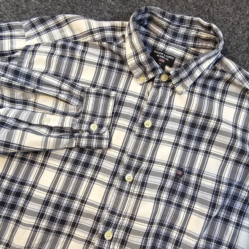 Ralph Lauren Jeans Co Flannel Shirt Mens XL Plaid Button Down Black White Cotton